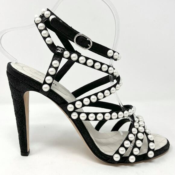 Chanel Black Pearl Strappy Heels EU 39 US 8.5–9 Cracked Leather Sandals - Picture 3 of 11
